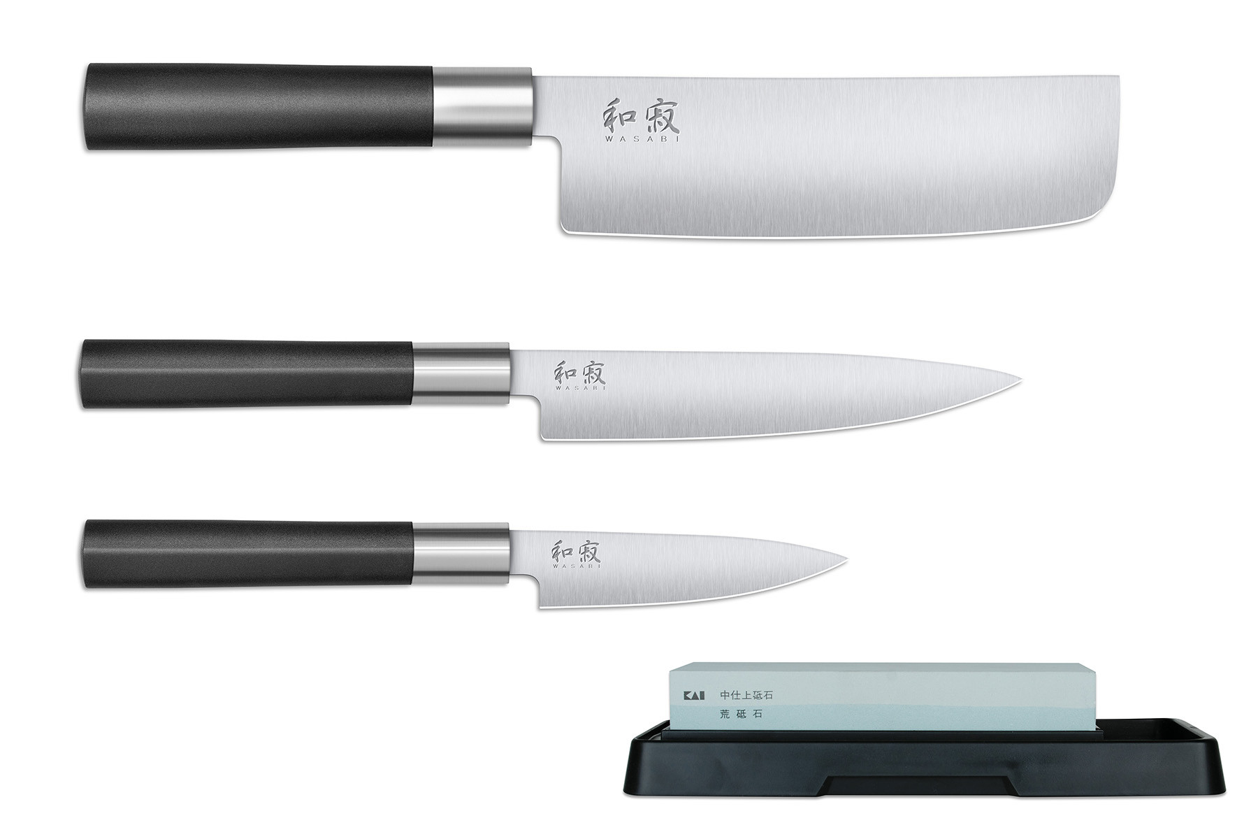Set de 3 couteaux japonais Kai Wasabi Black - Type vegan + Pierre à aiguiser Kai