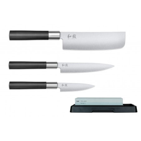 Set de 3 couteaux japonais Kai Wasabi Black - Type vegan + Pierre à aiguiser Kai