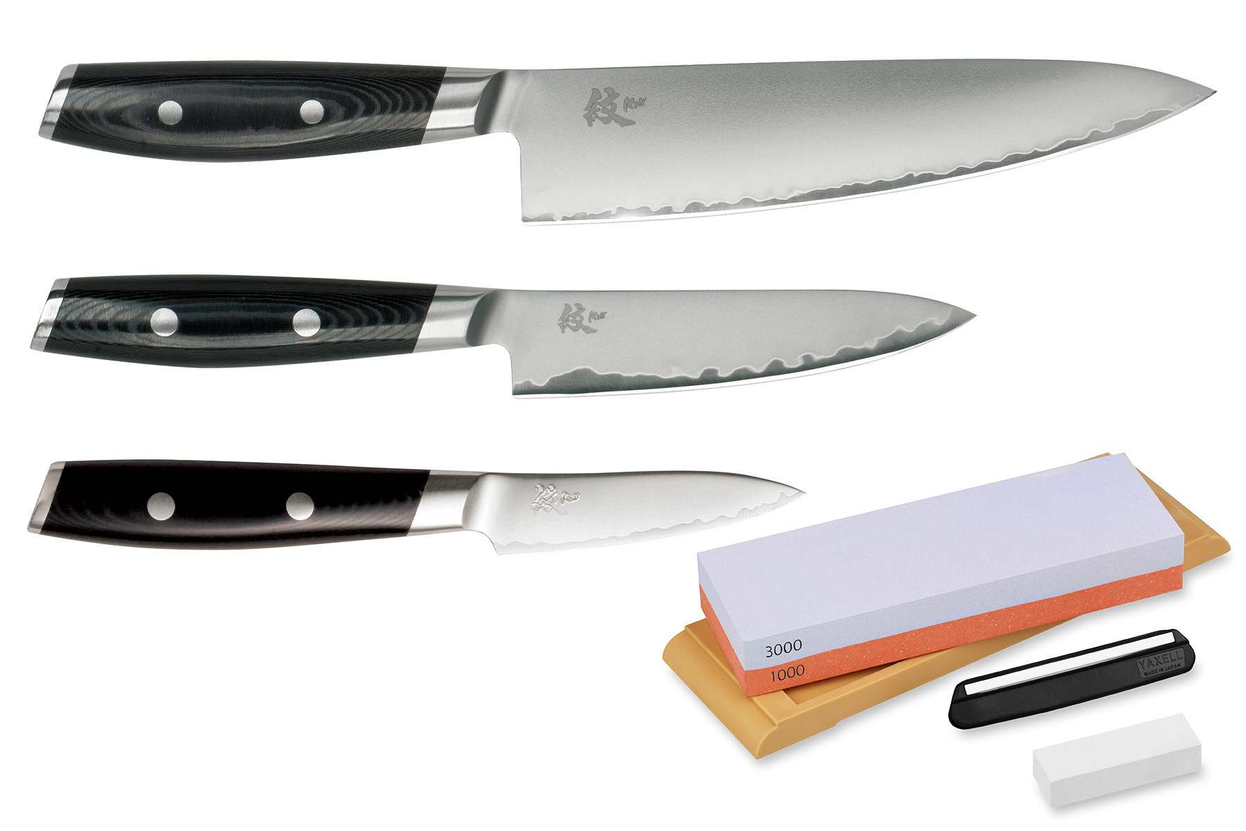 Set de 3 couteaux japonais Yaxell Mon - Forme européenne + Pierre à aiguiser Yaxell