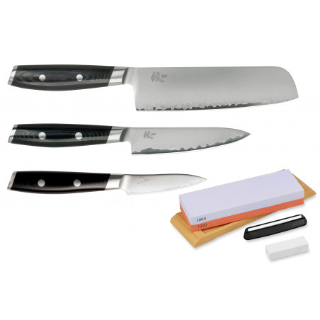 Set de 3 couteaux japonais Yaxell Mon - Forme vegan + pierre à aiguiser Yaxell